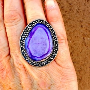 New Huge Agate Druzy 925 Silver Ring.